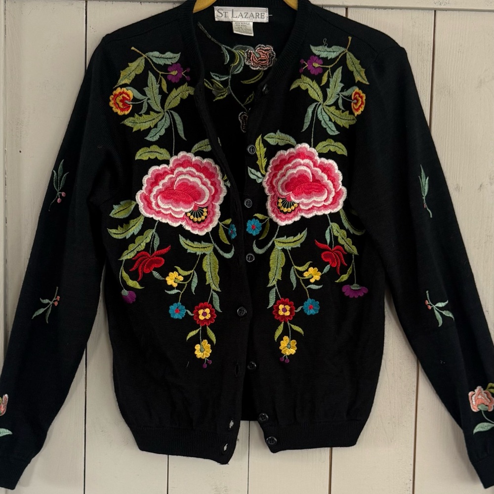 Vintage Black Floral Embroidered Cardigan Sweater